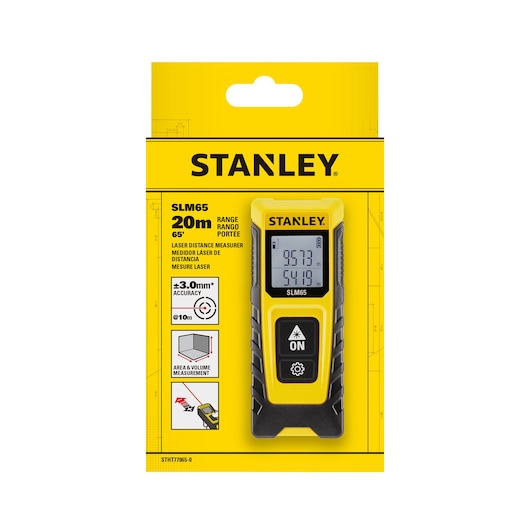 Photo of STANLEY STHT77065-0 laser distance measurer in yellow and black packaging, front view, 20m range.