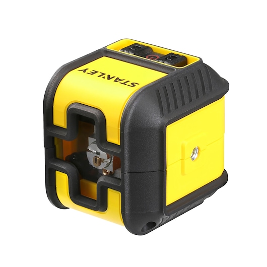 STANLEY STHT77498-1 yellow and black cross line laser level, angled view on white background.
