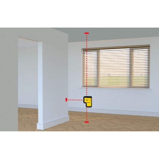 STANLEY STHT77503-1 laser level tool projecting vertical and horizontal lines in a modern room.