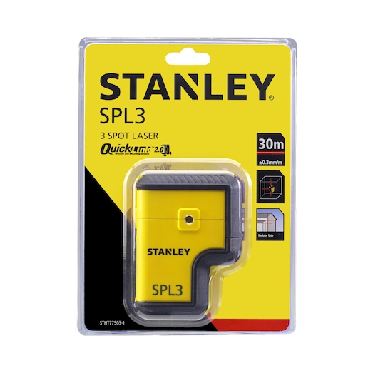 Photo of STANLEY STHT77503-1 SPL3 3 spot laser in yellow retail packaging, front angle, product category Photography.