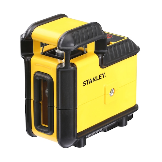 Photo of STANLEY STHT77504-1 yellow and black laser level, front angled on white background.