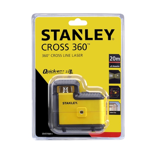 STANLEY STHT77504-1 360° cross line laser in retail packaging, front view, yellow and black device.
