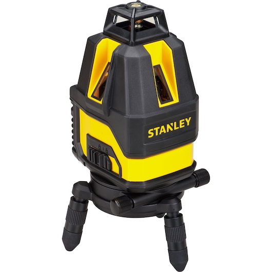 Photo of STANLEY STHT77524-1 yellow and black rotary laser level on tripod, front angle, photography product.