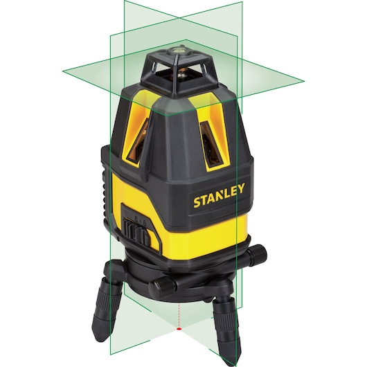 Photo of STANLEY STHT77524-1 laser level with tripod base and green laser lines, front angle on white background.