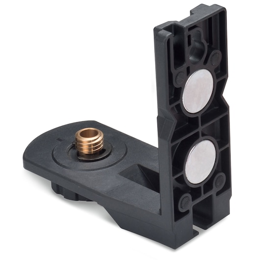 STANLEY STHT77524-1 black L-shaped laser level bracket with two round magnets and brass threaded insert, front angle.