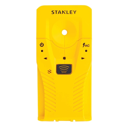 Front view of STANLEY yellow stud finder with black buttons, power symbol, and AC detection icon on white background.