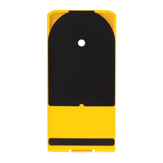 Stanley photography accessory, yellow and black, front angle, rectangular with circular hole at center