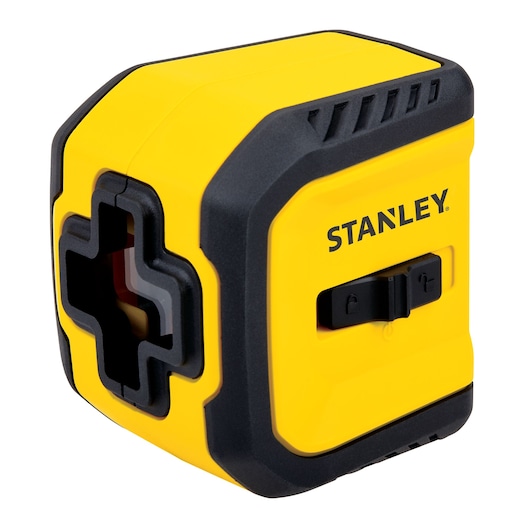 Front angle of STANLEY yellow and black cross line laser level tool with locking switch