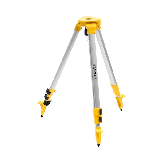 Photo of STANLEY STHT77625-1 aluminum tripod for photography, silver and yellow, front angle on white background.