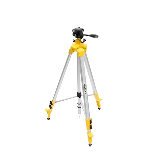 Photo of STANLEY STHT77643-1 aluminum tripod, yellow and silver, front angle, three extendable legs with handle.