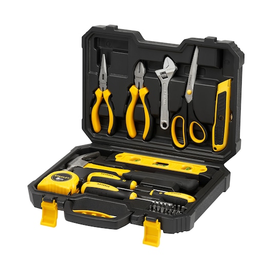 STANLEY STHT78050-1 tool kit with yellow-black handle tools and accessories in open case, front angle.