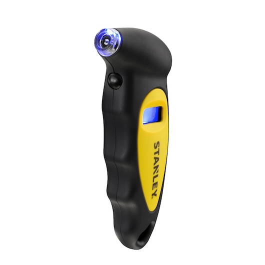 STANLEY STHT80874-0 digital tire gauge with LED light, black and yellow, front angle photo.