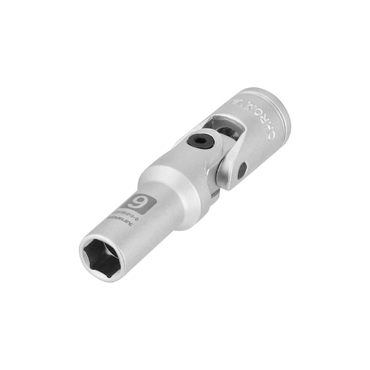 STANLEY STHT81015-0 silver universal joint socket, product photography, angled on white background.