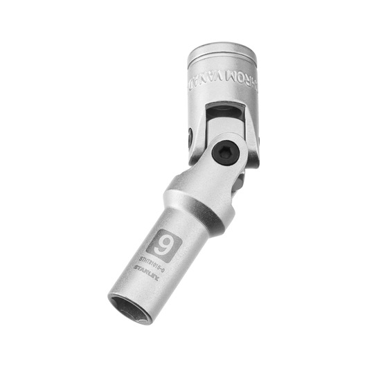STANLEY STHT81015-0 universal joint socket, silver metal, 9 mm, front angled view on white background.