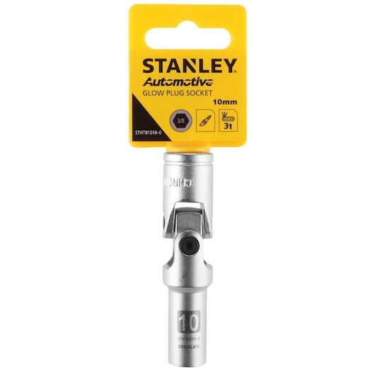STANLEY STHT81016-0 automotive glow plug socket 10mm, silver metal, front angle, with yellow packaging.