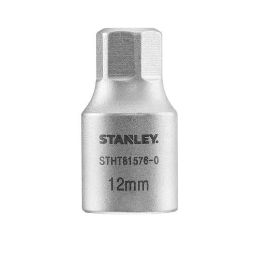 Photo of STANLEY STHT81576-0 12mm hex socket, silver finish, front angle, hand tool accessory.