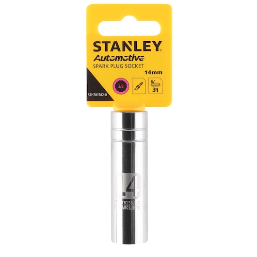 STANLEY STHT81582-0 spark plug socket 14mm, chrome finish, front angle photo on white background.