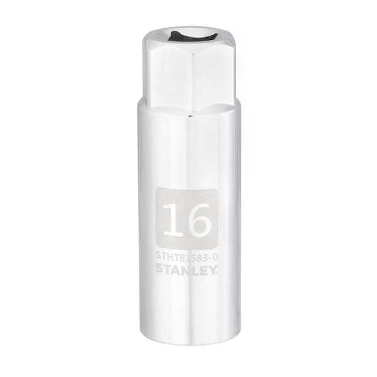 STANLEY STHT81583-0 chrome hex socket, 16mm size, tool category, front angle on white background.