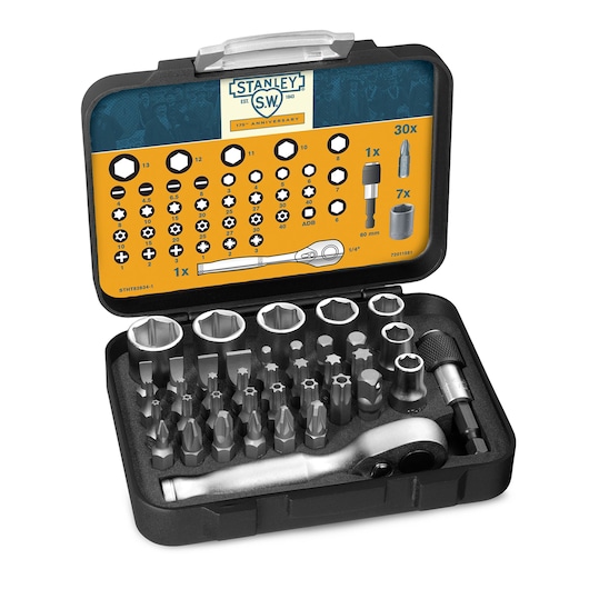 STANLEY STHT82834-1 socket and bit set in open black case, showing various sockets, bits, and ratchet tool.