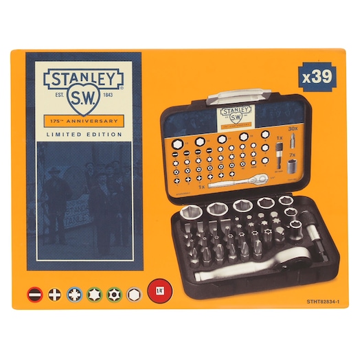 STANLEY STHT82834-1 39-piece limited edition socket and bit set case, anniversary packaging, front view.