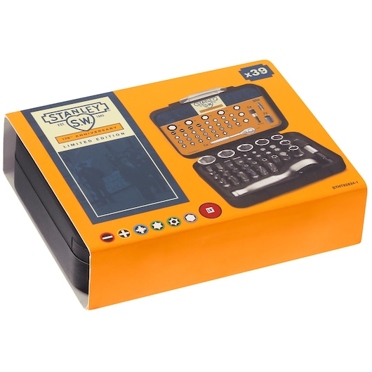 STANLEY STHT82834-1 limited edition anniversary screwdriver bit set box, orange, top angle.