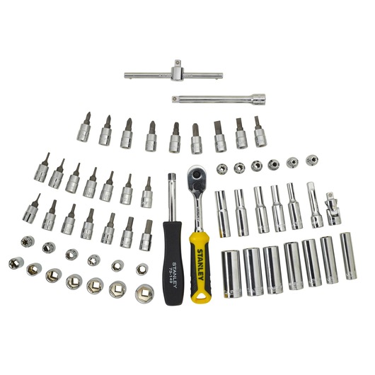 Stanley socket and ratchet set with various bits, extensions, and tools arranged neatly on a white background.