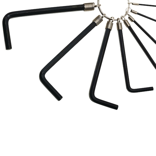 STANLEY STMT69213-8 hex key set with black L-shaped wrenches on metal ring, top view, white background.