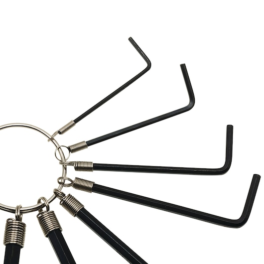 STANLEY STMT69213-8 hex key set in black, photography of angled tools on metal key ring, top view.