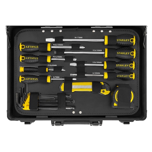 STANLEY STMT72986-1 tool kit top view, includes screwdrivers, hex keys, utility knife, tape measure.