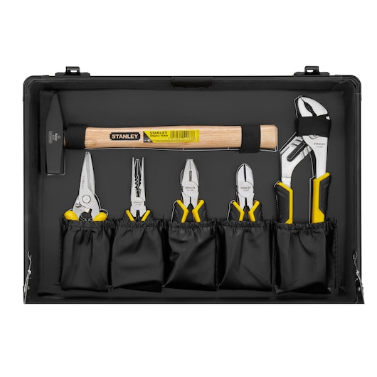 STANLEY STMT72986-1 tool set with hammer, pliers, and adjustable wrench in black case, top-down view.