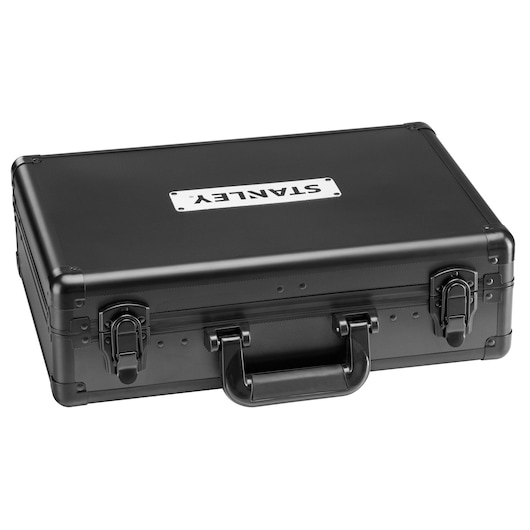 STANLEY STMT72986-1 black hard case with silver logo, two front latches, and handle, angled view.