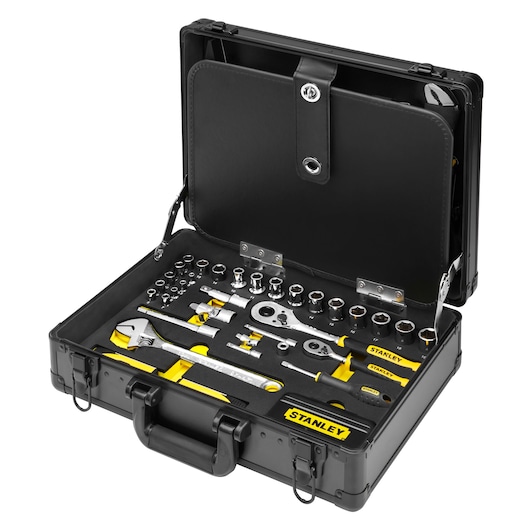STANLEY STMT72986-1 tool set in black carrying case, organized with wrenches, sockets, and screwdrivers, angled view.