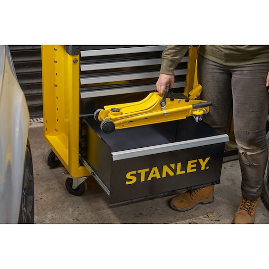STANLEY STMT81251-1 tool storage chest front view with open drawer and yellow tool inside