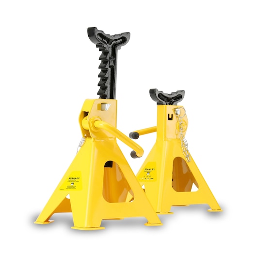 STANLEY STMT81255-1 yellow steel jack stands, automotive tool, front angle, white background.