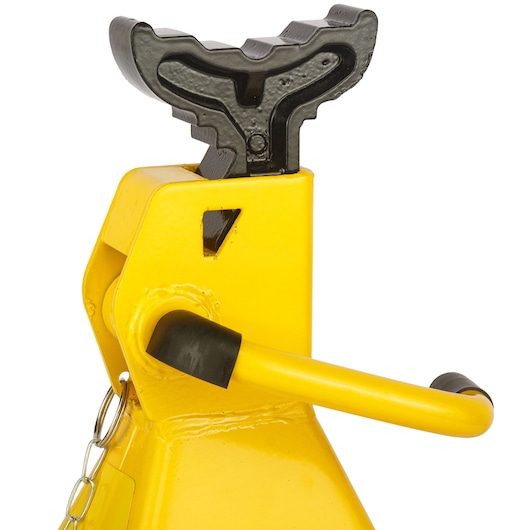 STANLEY STMT81255-1 yellow steel jack stand close-up, showing saddle and locking lever, product photography.