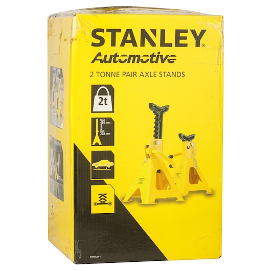 STANLEY STMT81255-1 automotive 2 tonne axle stands pair in yellow, product packaging front angle.