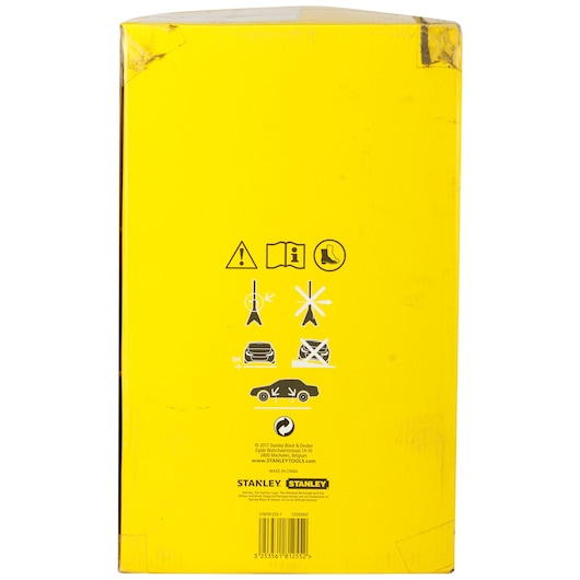 STANLEY STMT81255-1 product box, yellow with safety icons and instructions, rear view, product category: Photography.