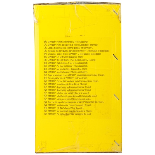 Photo of STANLEY SKU STMT81255-1 yellow packaging box showing multilingual product information for axle stands.
