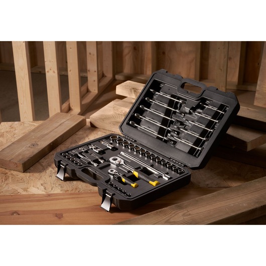 STANLEY STMT82832-1 ratchet socket and wrench set, 41 pieces, open black case on wood surface.