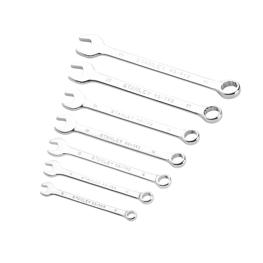 STANLEY STMT82842-0 combination wrench set, seven chrome wrenches, photography, top angle, white background.