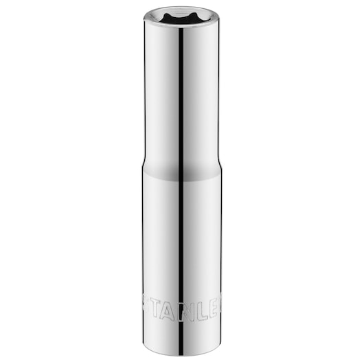 STANLEY STMT86095-0 chrome deep socket, front view, cylindrical with engraved branding.