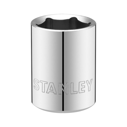 STANLEY STMT86309-0 chrome socket, cylindrical shape, engraved logo, front angle on white background.