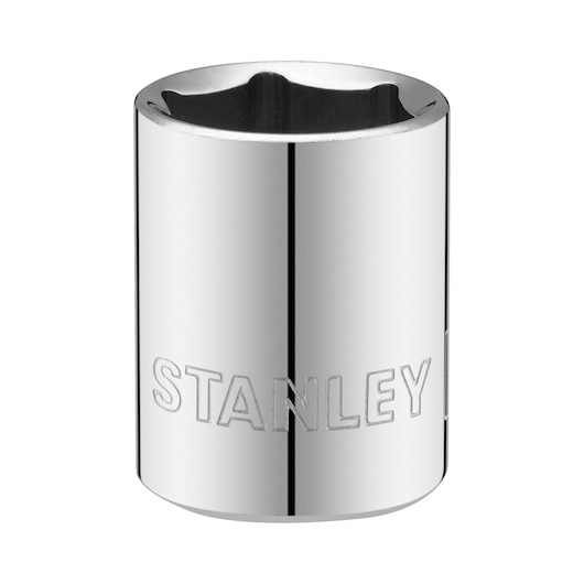 Photo of STANLEY STMT86310-0 chrome socket, cylindrical tool, front angle, on white background.