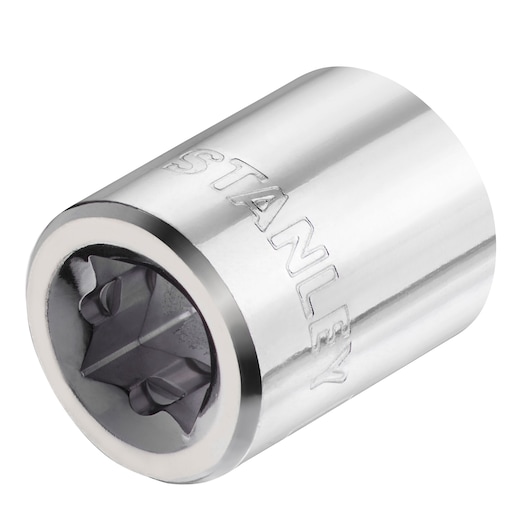 STANLEY STMT86310-0 chrome socket, close-up angled view, with engraved logo, shiny metal finish.