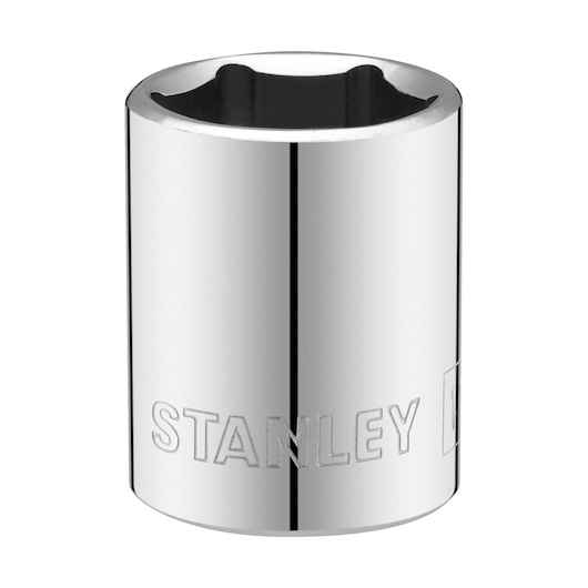 STANLEY STMT86312-0 chrome socket, front angle, shows polished finish and engraved brand name.