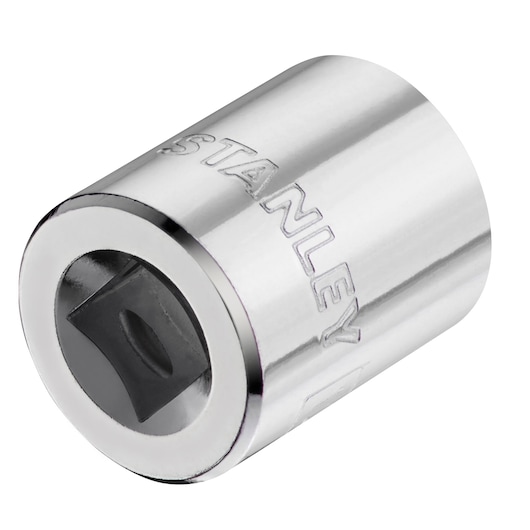 Photo of STANLEY STMT86312-0 chrome socket, close-up angled view on white background, tool accessory.