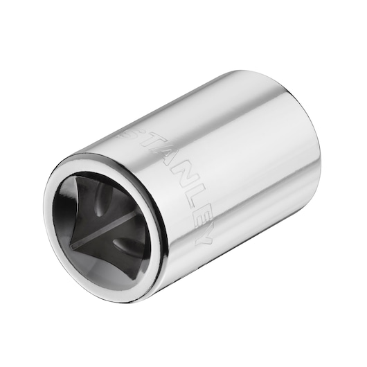 STANLEY STMT86517-0 chrome socket, cylindrical, angled view, photography on white background.