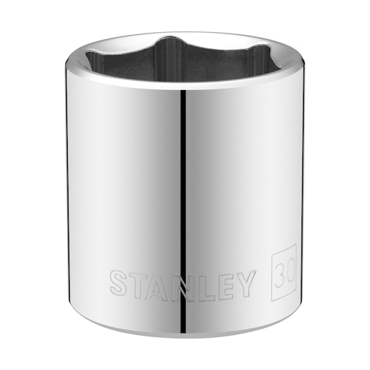 Photo of STANLEY STMT86530-0 chrome socket, 30mm, tool accessory, front angle on white background.