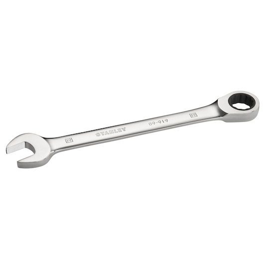 Photo of STANLEY STMT89919-0 combination wrench, chrome finish, open and box end, angled on white background.