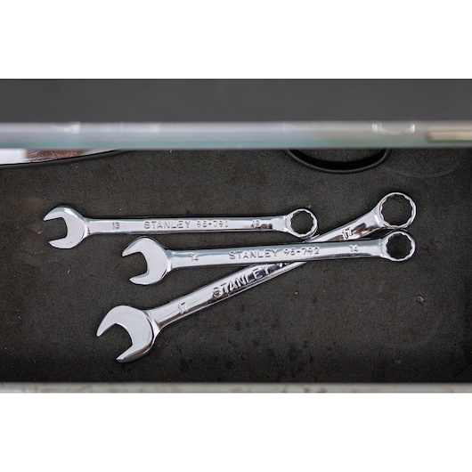 STANLEY STMT95789-0 silver combination wrenches set in drawer, top down angle, photography